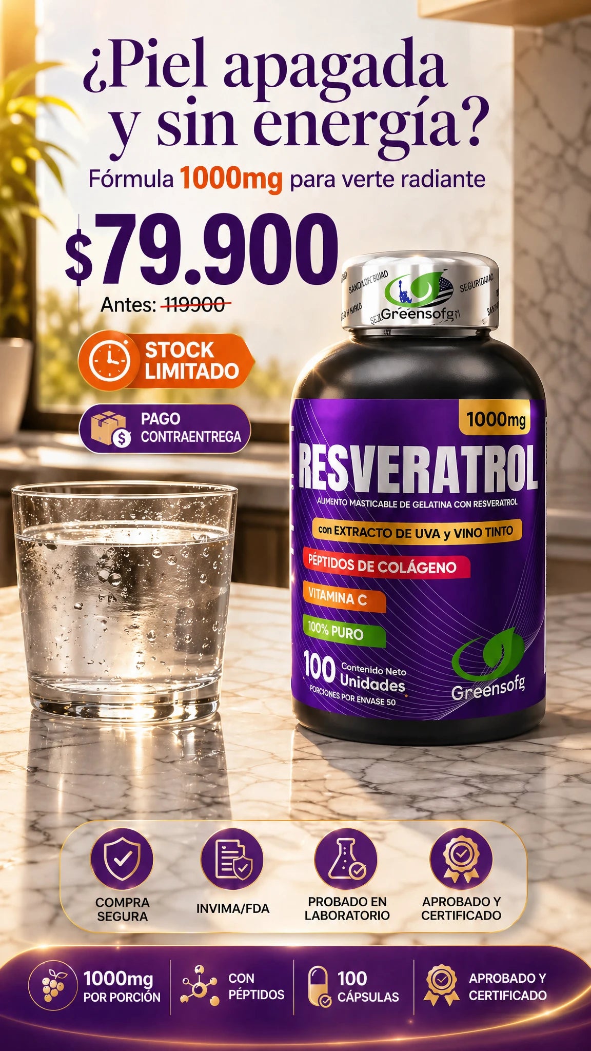Resveratrol Americano Greensofg 1000mg - 100 Cápsulas Masticables
