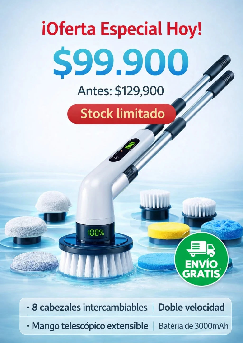Electric Spin Scrubber, Cepillo de Limpieza Eléctrico Inalámbrico con 8 Cabezales Intercambiables